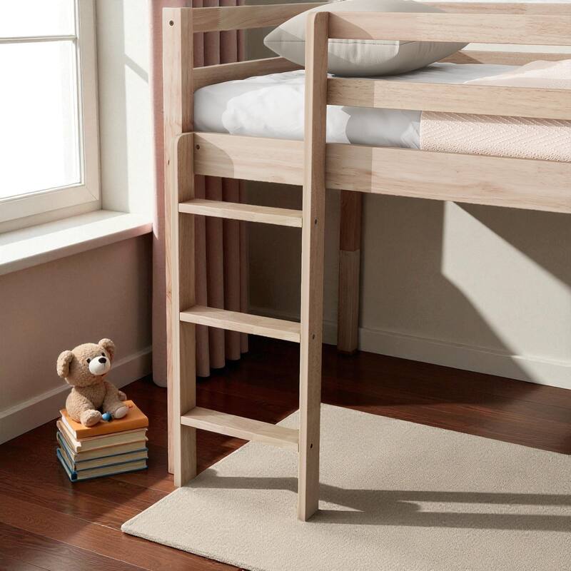 Twin Low Loft Bed with Slide and Ladder, Solid Rubber Wood Loft Bed with Guardrails and Underbed Play or Storage Space
