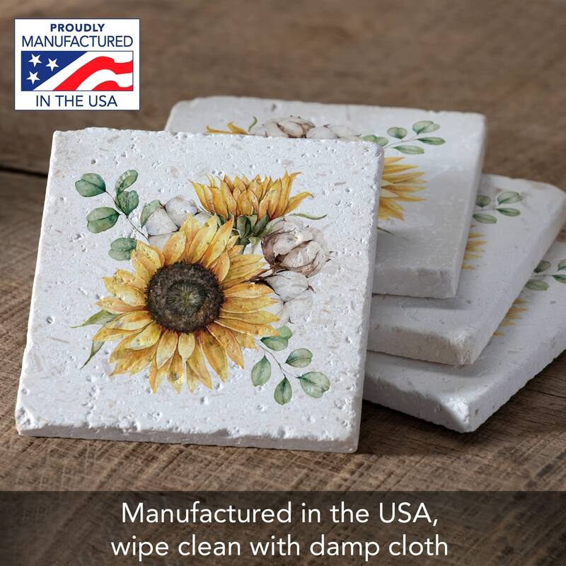 CounterArt Sunflowers 4 Pack Natural Shell Stone Absorbent Coasters with Protective Cork Backing Manufactured in The USA