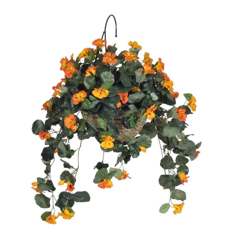 Faux Orange Nasturtium Hanging Basket - White Water Hyacinth