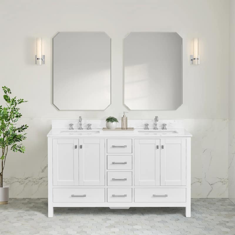 OpalithD 60 in. Bathroom Vanity with Double Sinks, Wood Bath Cabinet with Top - Soft White