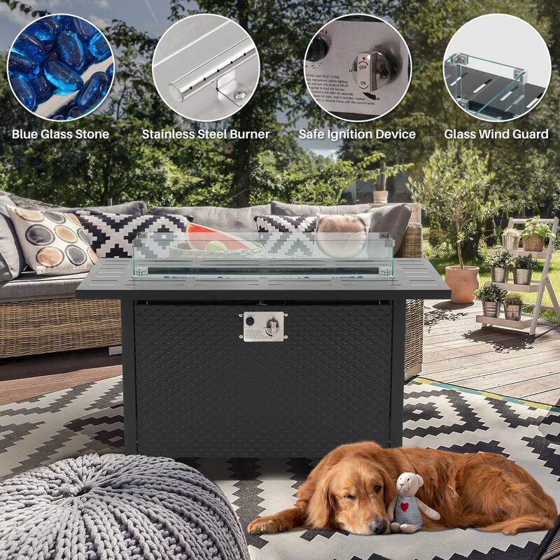 45 inch Outdoor Propane Fire Pit 50,000 BTU Gas Fire Pit Table with Lid, Glass Wind Guard, Rectangle Gas Firepit Table