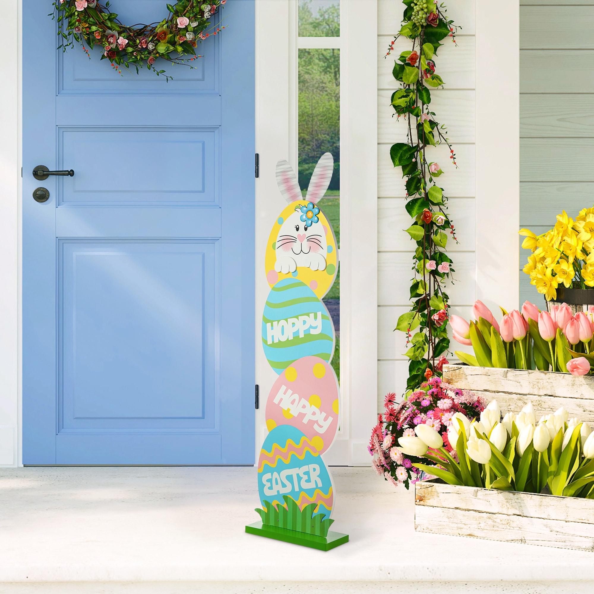 Glitzhome Wooden Happy Easter Bunny Eggs Porch Sign Standing Decor Spring Gift