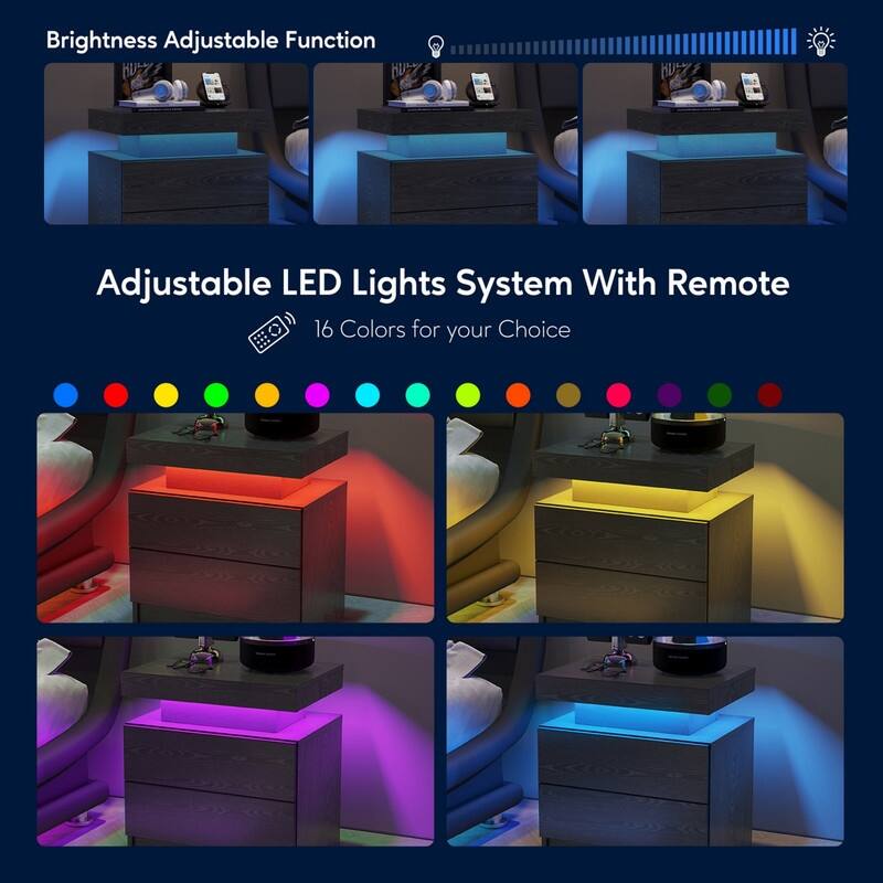 Nightstand LED Bedside Table Cabinet Lights Modern End Side with 2 Drawers for Bedroom