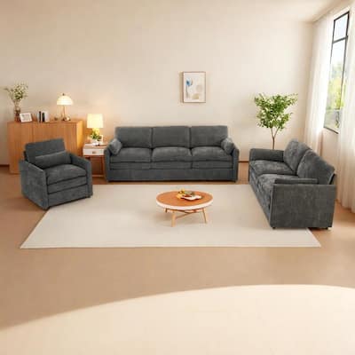 3-Pieces Chenille 6-Seat Sectional Sofa Set with Oversized Cloud Couch and Double Cushions
