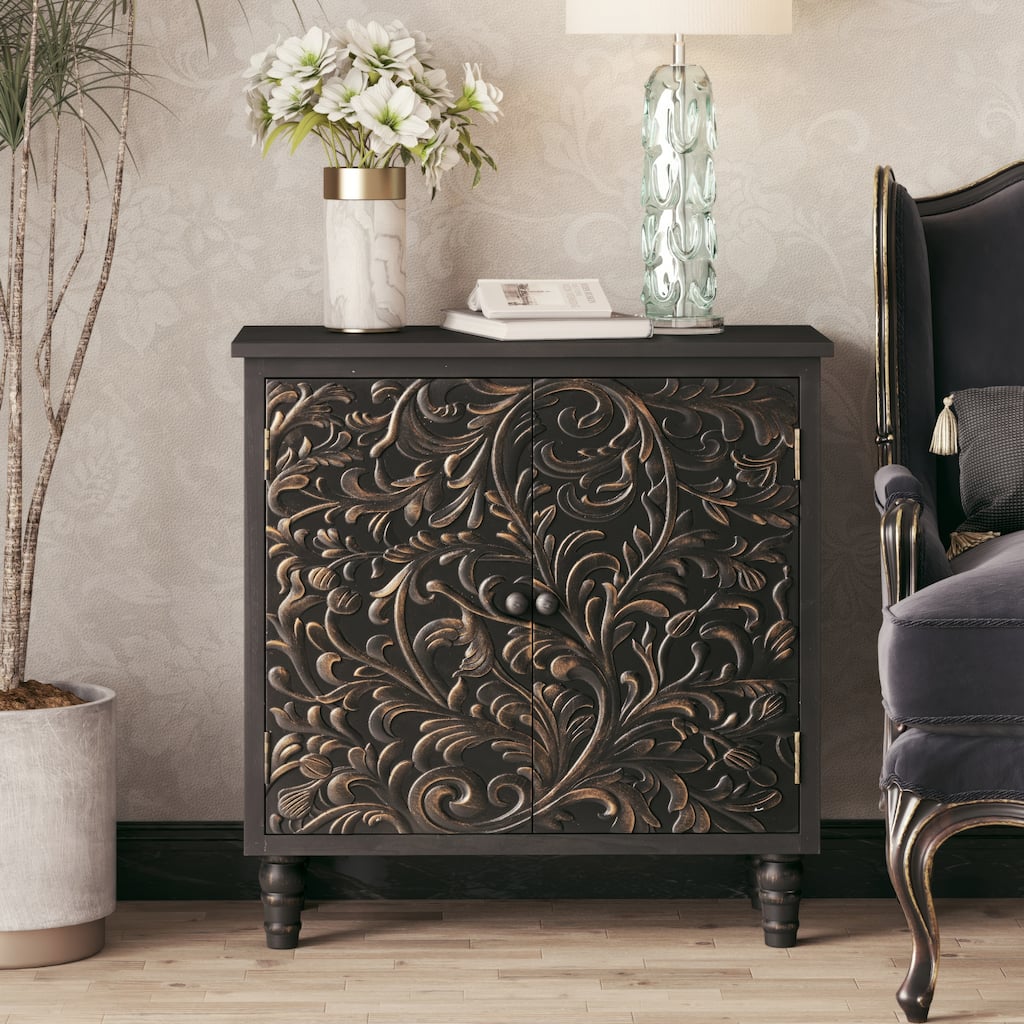 COZAYH 2 Door Farmhouse Storage Cabinet with Embossed Distressed Flower Motif, Vintage Side Table for Living Room, Bedroom