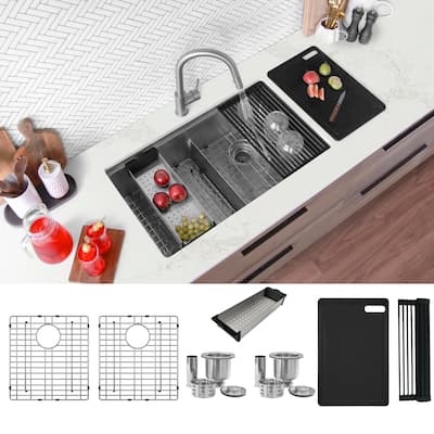 Undermount 32" Stainless S Double Bowl Kitchen Sink, Black Acc Handmade - 32" X 19" X 10"