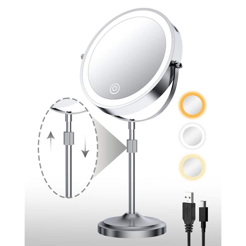 9" Lighted Makeup Double Sided 1X/10 Magnification Mirror, 3 Lighting