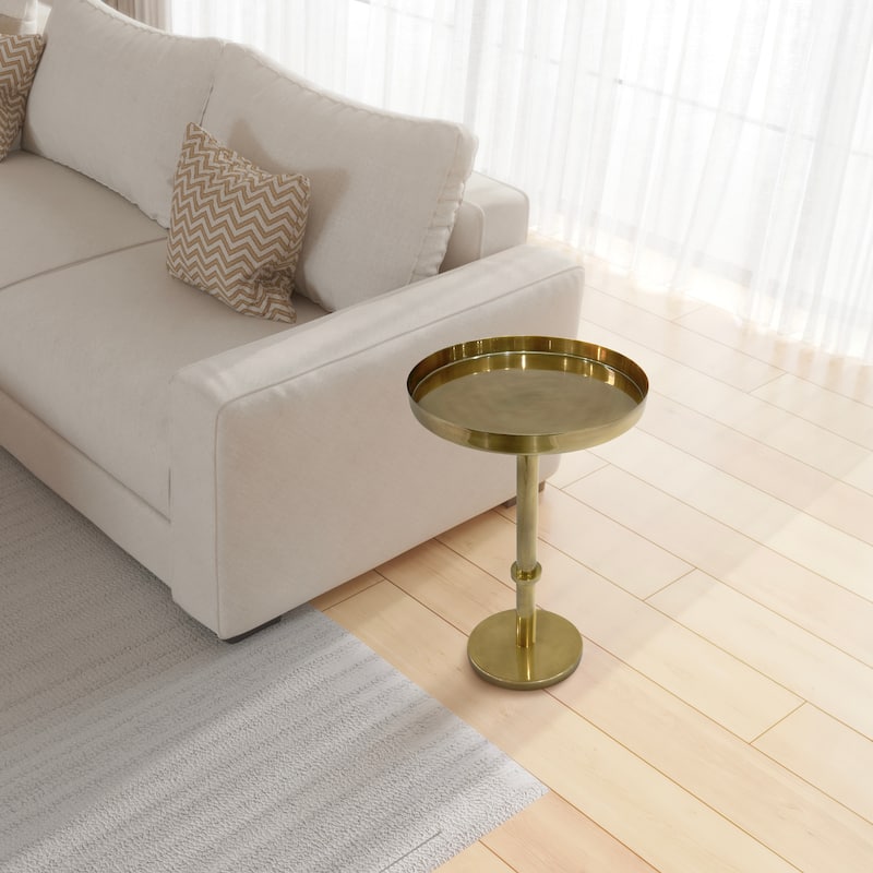 Ara 12 Inch Side End Table, Vintage Sleek Pillar Base, Round Tray Top, Oxidized Antique Brass - Brass - Iron
