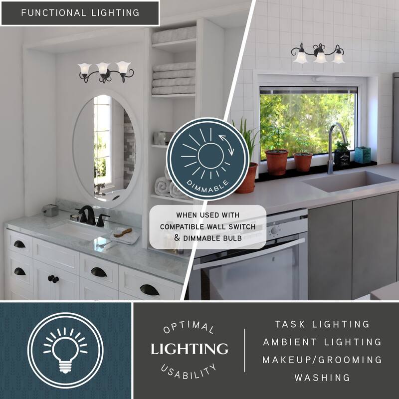 VAXCEL Bella Matte Black Bathroom Vanity Lighting Wall Fixture, White Alabaster Glass Shade, Dimmable, LED Compatible