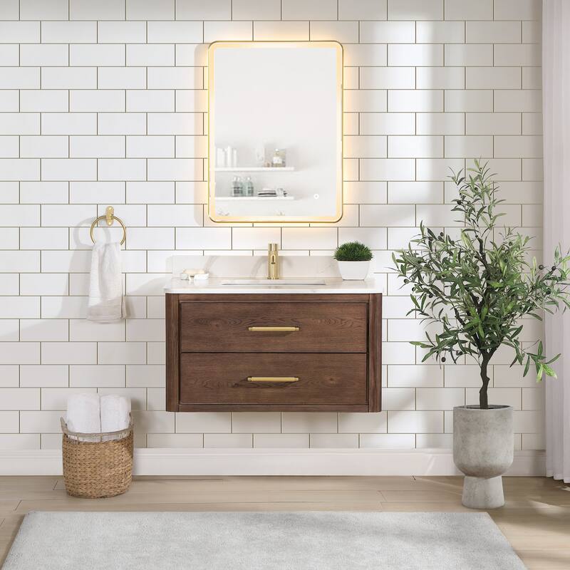 Cristo Floating Bath Vanity with White Quartz Stone Top without Mirror
