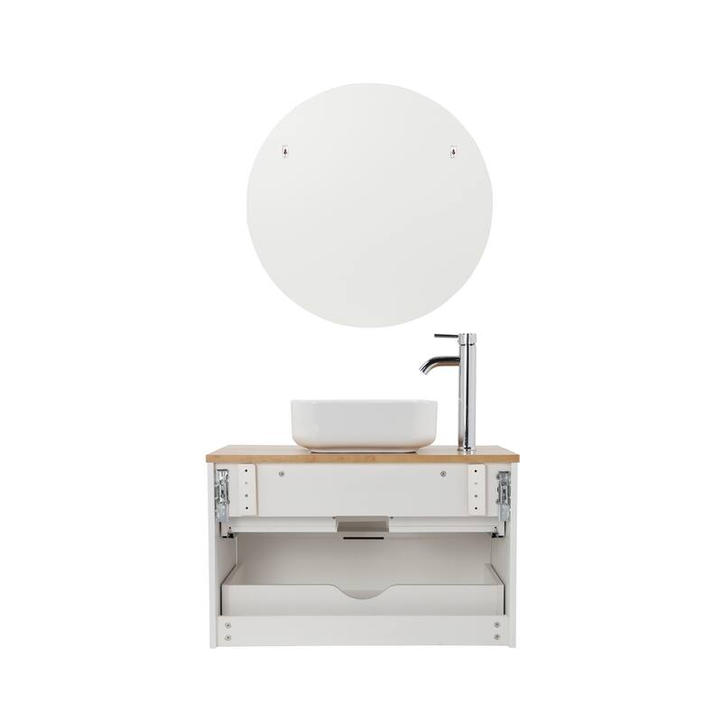 32" Drawer Wall-Mounted Vanity with Solid Wood Top and Round Mirror