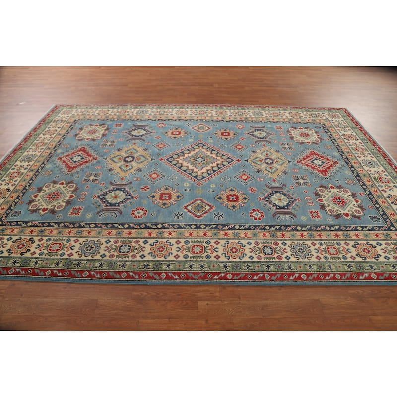 Light Blue Kazak Area Rug Handmade Oriental Wool Carpet - 6'8" x 9'10"