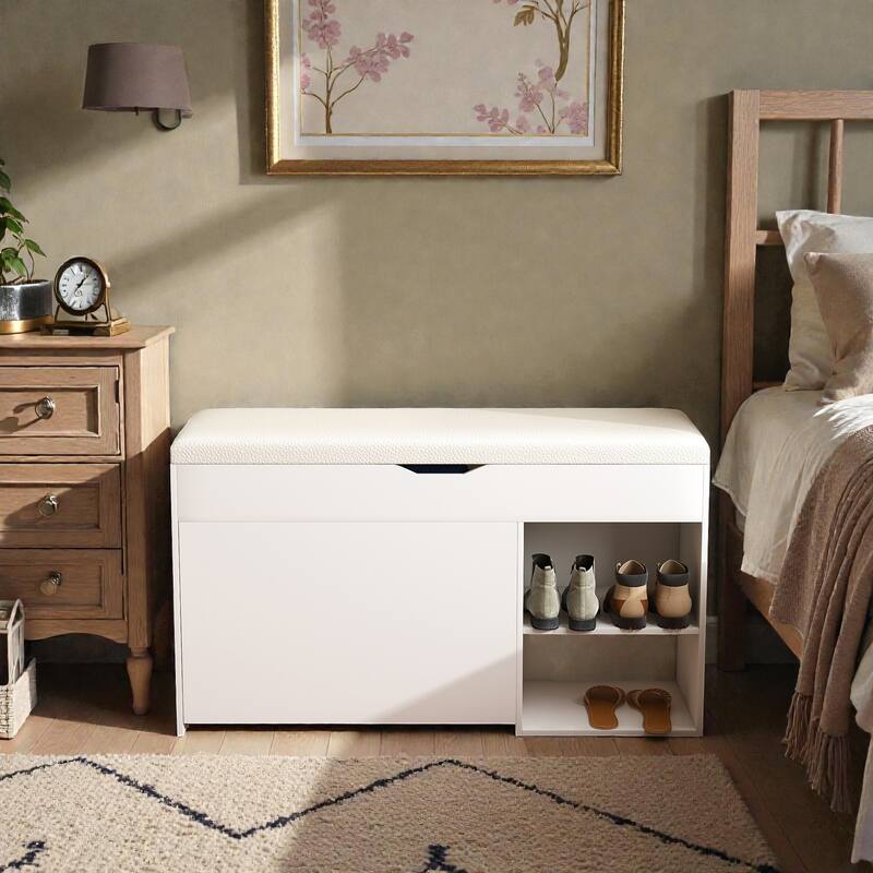 Entryway Bench with Rotating Shoe Storage, Lift-Top Cabinet & 3-Tier Flip-Up Drawers, Space-Saving Organizer for Hallway - White