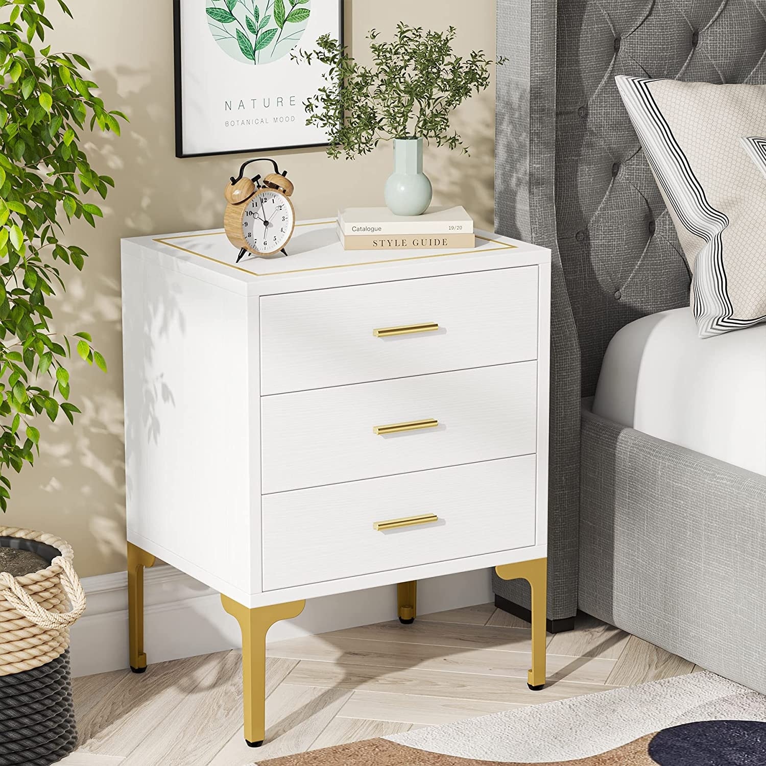 White and gold side 2025 table with drawer