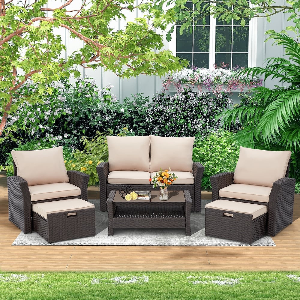 6-Piece Outdoor Sectional Sofa Set, PE Wicker Patio Furniture with Storage Coffee Table & Ottoman, Cushions, for Garden