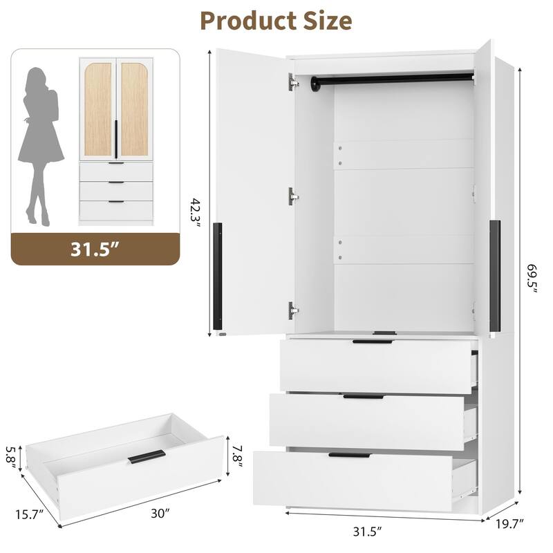 69.5" Armoire Wardrobe Closet with Rattan Doors, 3 Drawers & Hanging Rod, Wooden Storage Cabinet for Bedroom