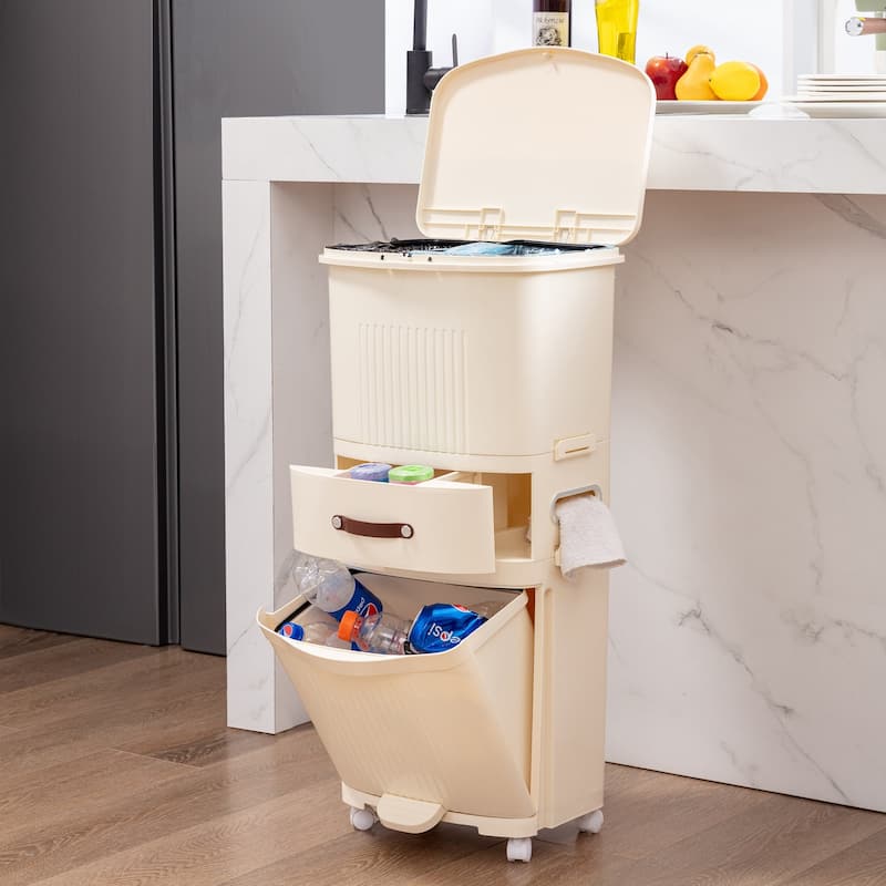 Javlergo Beige Trash Can with Dual Inner Bins Foot Peda lStorage Drawer and 4 Universal Wheels for Kitchen Bathroom Living Room - Ivory