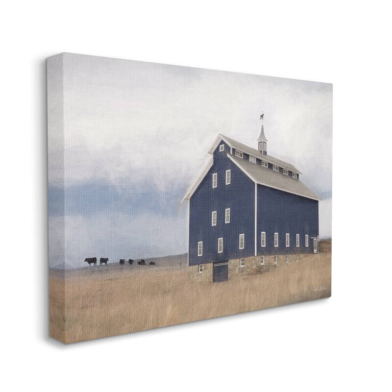 Stupell Blue Farm Barn Landscape Animals Grazing Cloudy Sky Canvas Wall Art