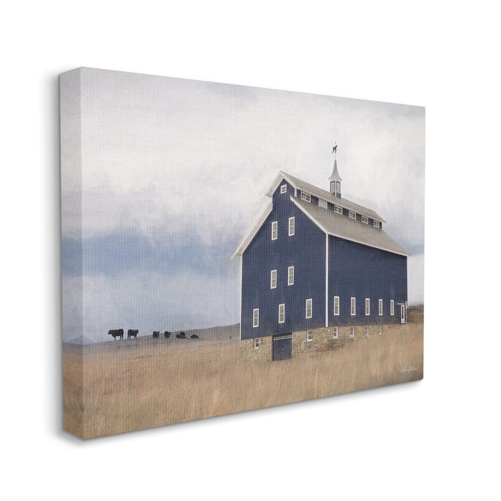Stupell Blue Farm Barn Landscape Animals Grazing Cloudy Sky Canvas Wall Art