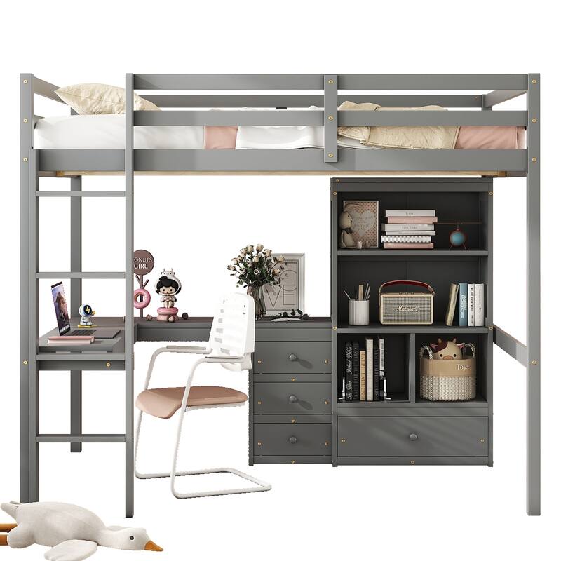 Full Size Loft Wood Bed with Desk, Storage Shelves, Drawers, and Built-in Ladder, Grey