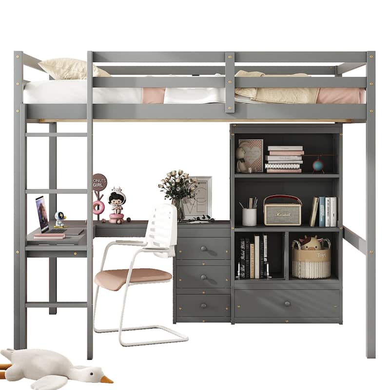 Full Size Wood Loft Bed with Desk and Storage