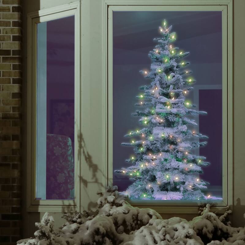 Fraser Hill Farm 7.5-Ft. Flocked Pine Valley Christmas Tree with Multi-Color LED String Lighting