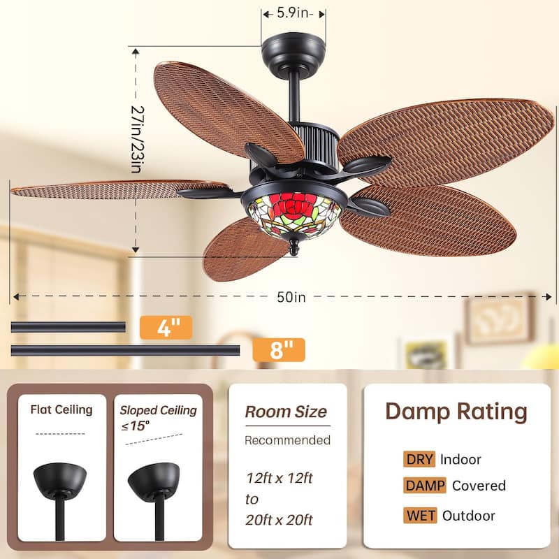 50" TiffanyTropical Ceiling Fan with 5 Palm Leaf Bllades and Vintage Cover Waterproof for Indoor and Outdoor Patio