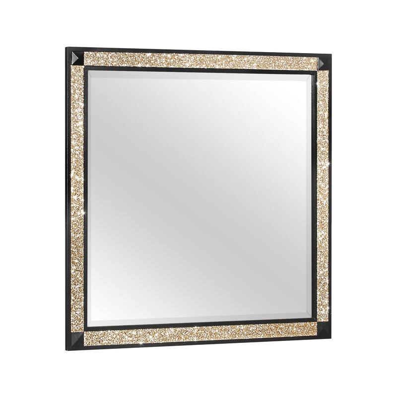HomeRoots 36" Black And Gold Faux Crystal And Wood Dresser Mount Framed Mirror - 38.00 in. x 36.00 in. x 1.00 in.