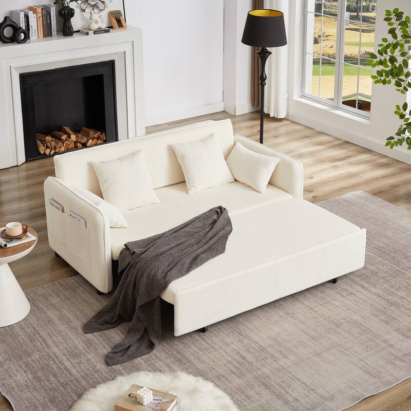 66 Inch Sleeper Sofa Bed Adjustable Sleeper With Pullout Bed 4 Pillows And Side Pockets Soft Convertible - Beige