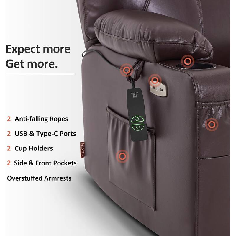 MCombo Medium-Wide Power Lift Recliner Chair Sofa with Massage and Heat for Elderly People, Faux Leather R7045