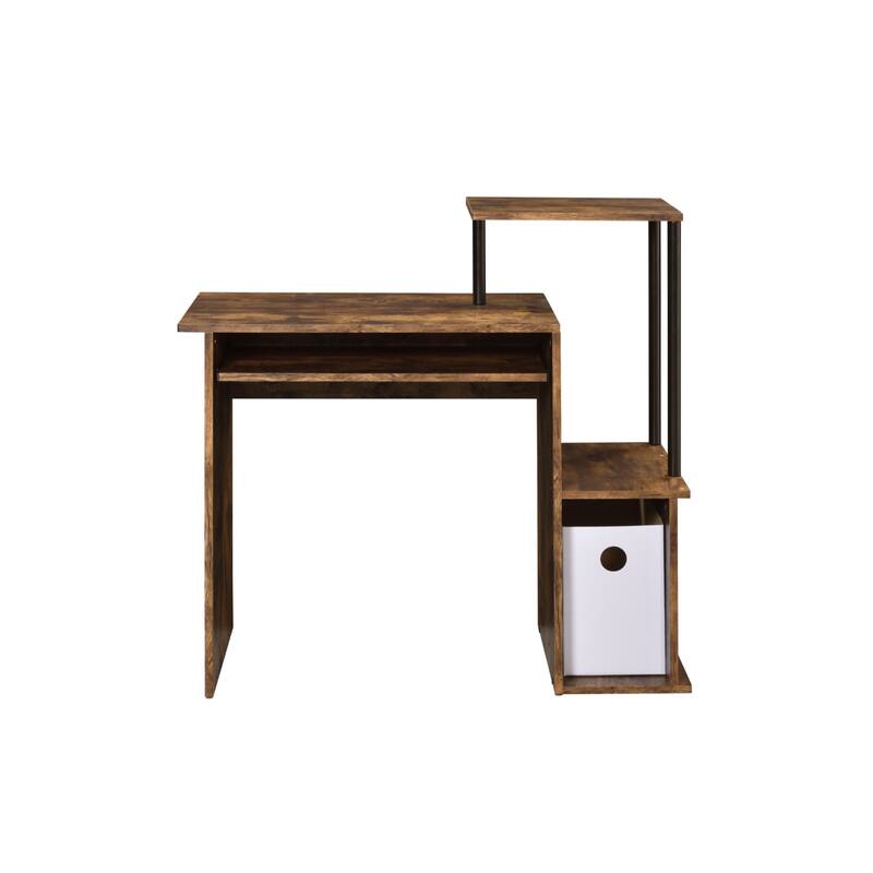 Modern 37-Inch Reversible Computer Desk with Metal Frame Keyboard Tray & Shelving - Brown and Black