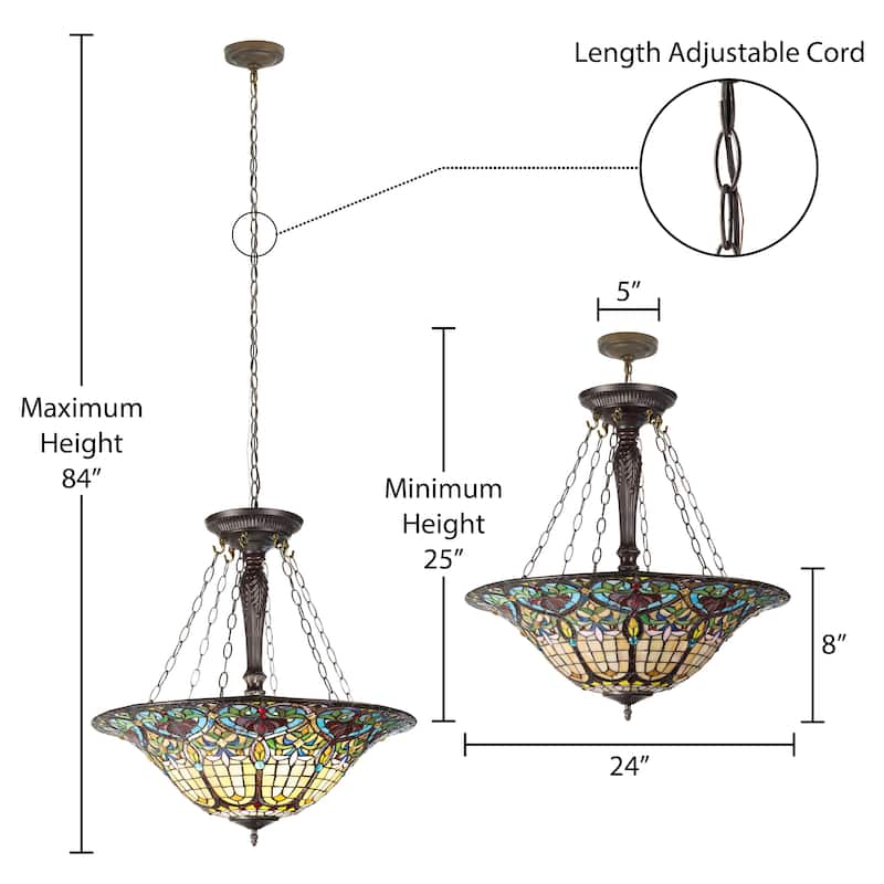 Ava River of Goods Multicolor Stained Glass and Metal 24-Inch Pendant Light with Adjustable Hanging Cord - 24" x 24" x 84"