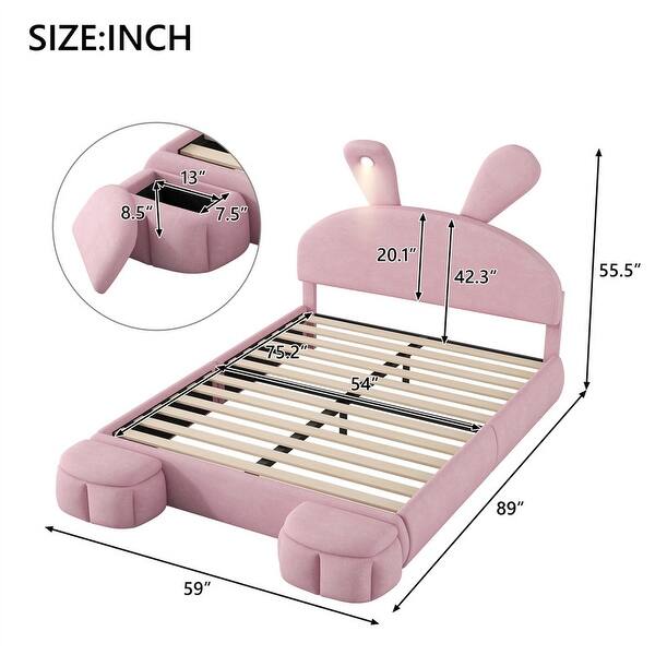 dimension image slide 0 of 3, Twin/Full Size Upholstered Platform Bed w/Cartoon Ears Shaped Headboard & Light, Cartoon Twin Bed Frame w/2 Small Storage Stools