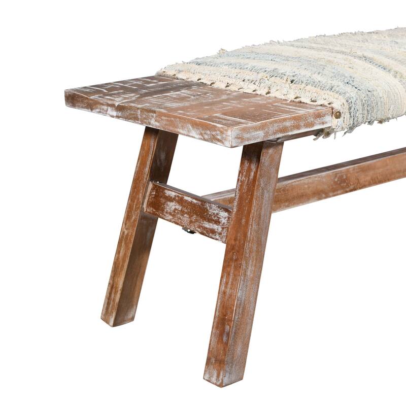 HomeRoots 50" White and Brown Cotton Upholstered Striped Bench - 50' X '18' X '16.5