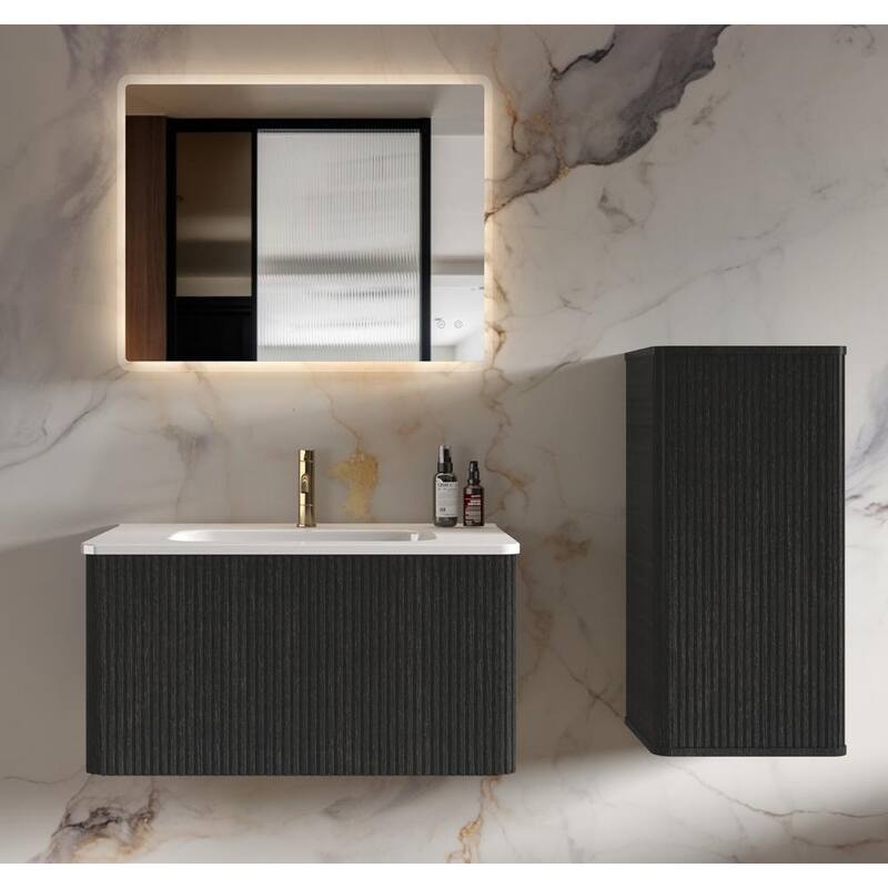 Wall-Mounted Floating Side Cabinet with Chic Striped Textures, Safe Curvy Design, Push-Open Door and Inside Shelves