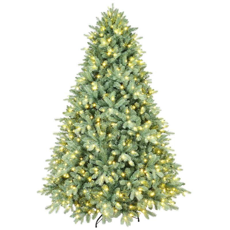 7FT Blue Pre-Lit Christmas Tree with 700 Warm White LED Lights-2518 PE+PVC Tips,Hinged Branches for Easy Setup