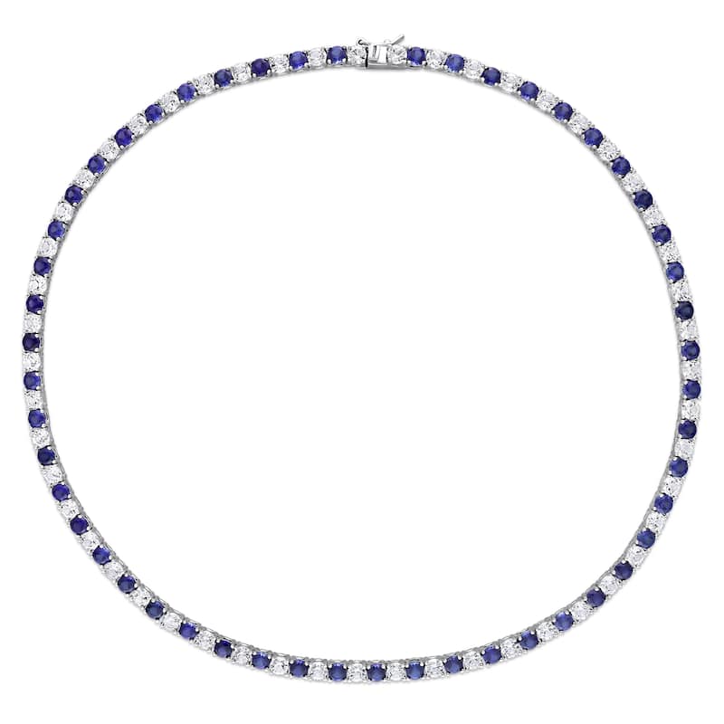 Miadora Created Blue and White Sapphire Tennis Necklace in Sterling Silver