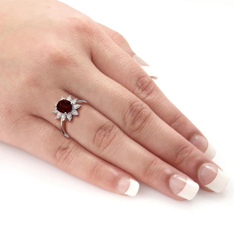 Auriya 1 5/8ct Oval-cut Red Garnet Sunburst Halo Diamond Engagement Ring 3/4ctw 18K Gold