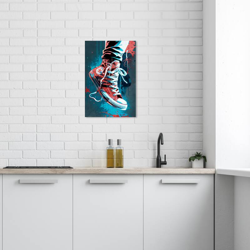 Wynwood Studio Fashion and Glam Blue and Red Street Sneakers Blue and Teal Modern & Contemporary Wall Art Canvas Print - 24 x 16