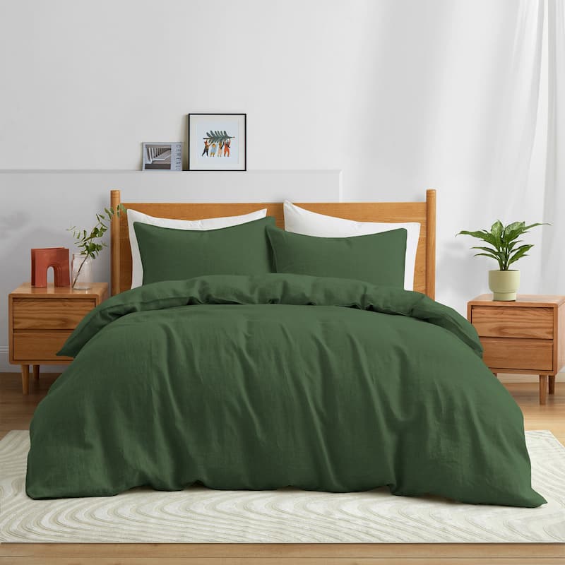 Flax Linen Cotton Blend Duvet Cover Set, Durable, Breathable and Moisture-Wicking, 3 Piece Bedding Set - Twin - Green