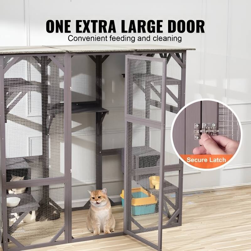 Gray Fir Wood Mesh Catio with 3 Tiers, 1 Door & Waterproof Roof