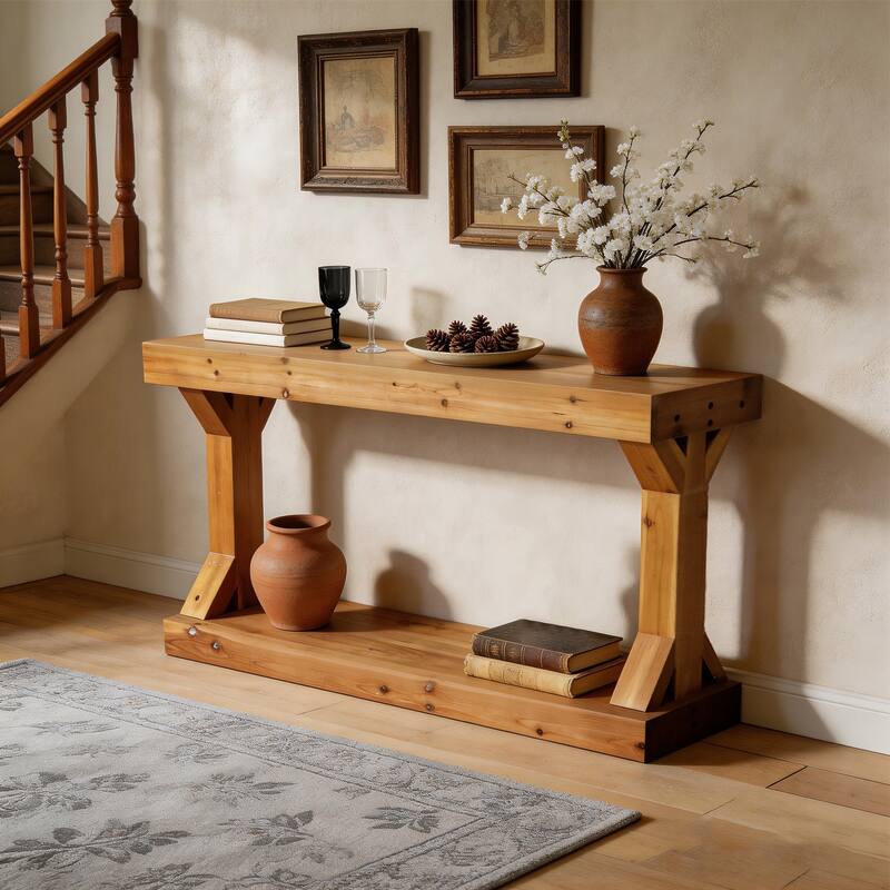 Solid Wood Console Table With Storage Shelf Farmhouse Wooden Entryway Sofa Table Behind Couch