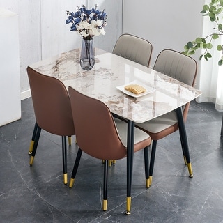 5-Piece Kitchen Table Set with 4 PU Curved Chair Cushion, Dining Table Set with Marble Table Top for Dining Room