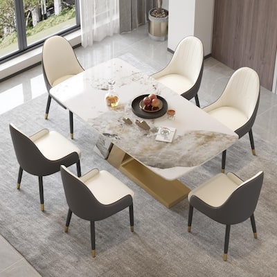 Rectangle Dining Table Faux Marble Tabletop Sintered Stone Panel with Stainless Steel Pedestal
