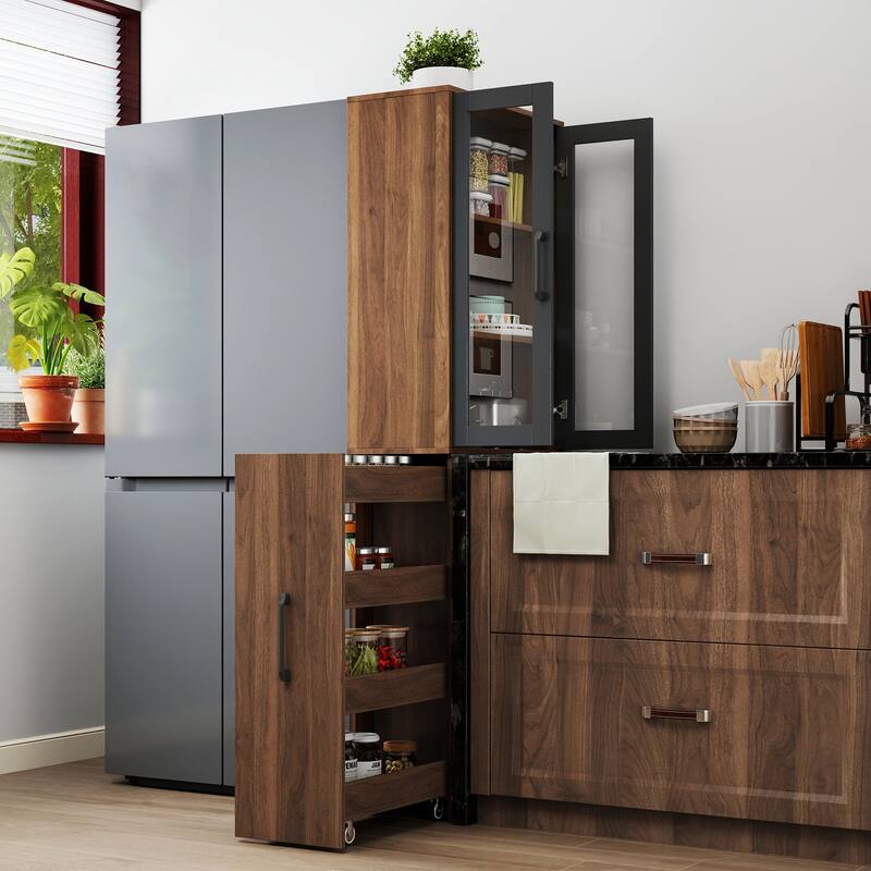 Roomfitters 70.87" Display Storage Cabinet with 2 Glass Doors and 4-Tier Pull-Out Shelves, Modern Wooden Kitchen Pantry Cabinet