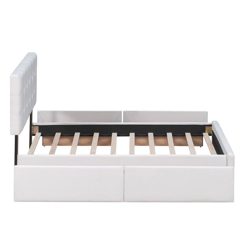 Queen Upholstered Bed Frame with 4 Drawers, Linen Fabric Platform Storage Bed with Classic Headboard and Wooden Slats Support