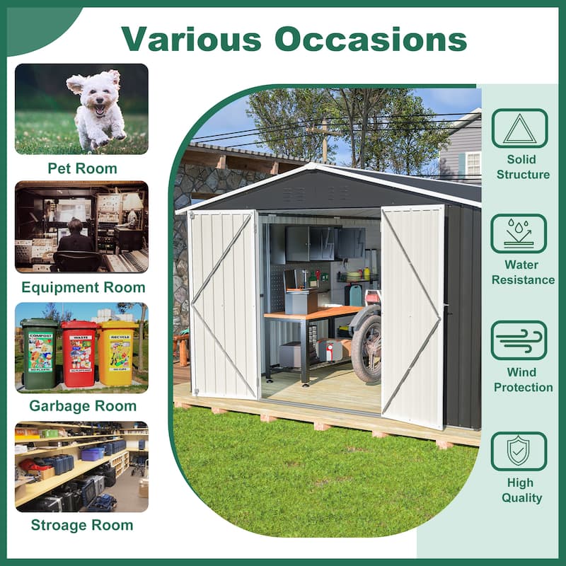 10x12 Ft Black Metal Garden Shed, Lockable Outdoor Tool Storage
