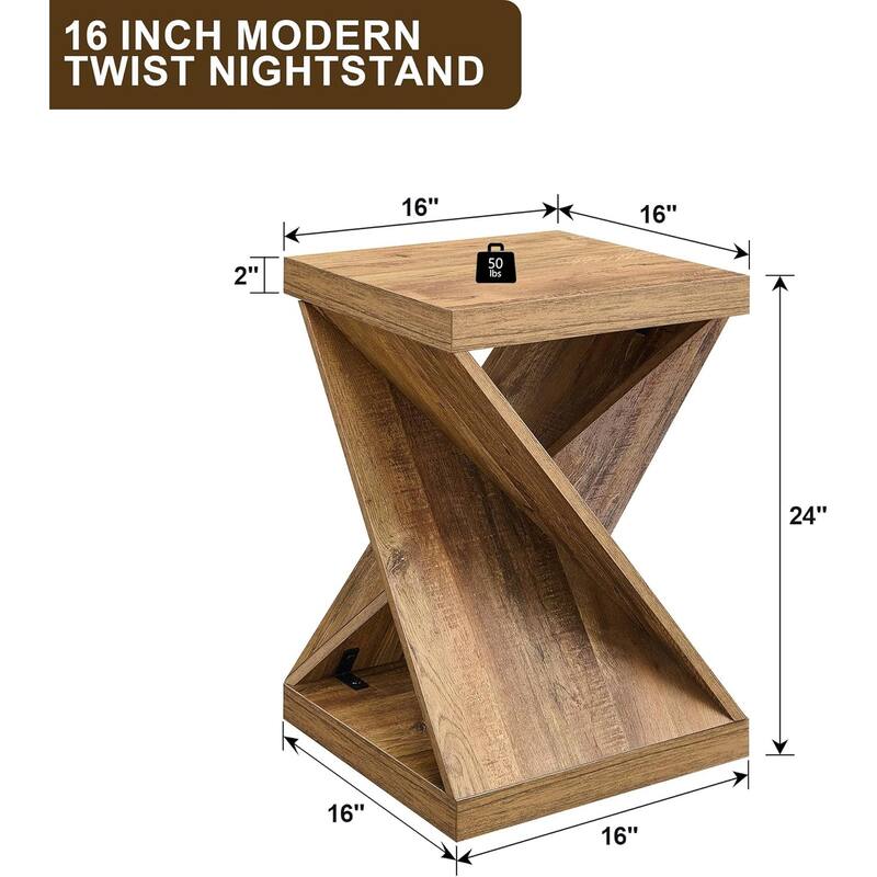 16" Modern Nightstand, Twisted Side Table, Square Rustic End Table