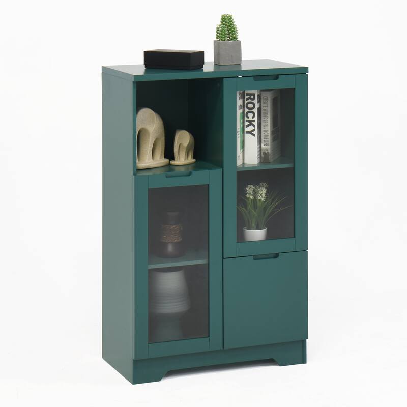 Wooden Floor Cabinet with 2 Glass Doors and 2 Storage Space