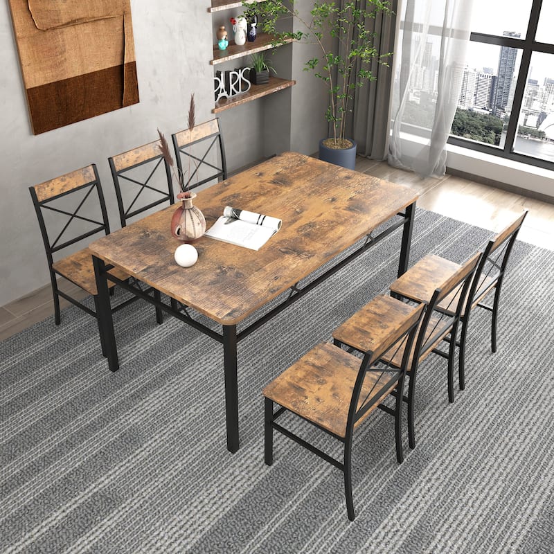 7 Piece Metal Frame Dining Table Set with 6 Chairs and Rectangular Dining Room Table for Dining Room Brown